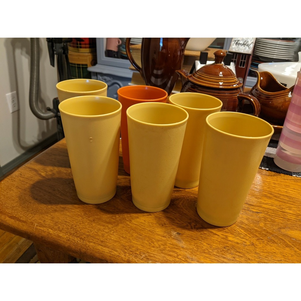 Vtg Lot 6 Tupperware 12 oz Cups Tumblers No Lids Gold Orange
